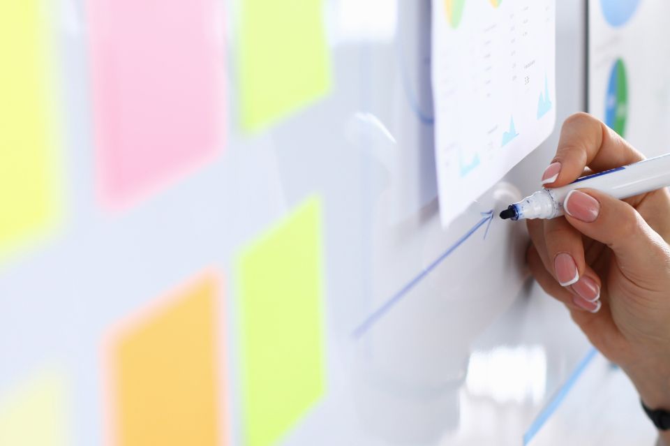 Close up of whiteboard with post it notes and a hand using a marker to draw a line